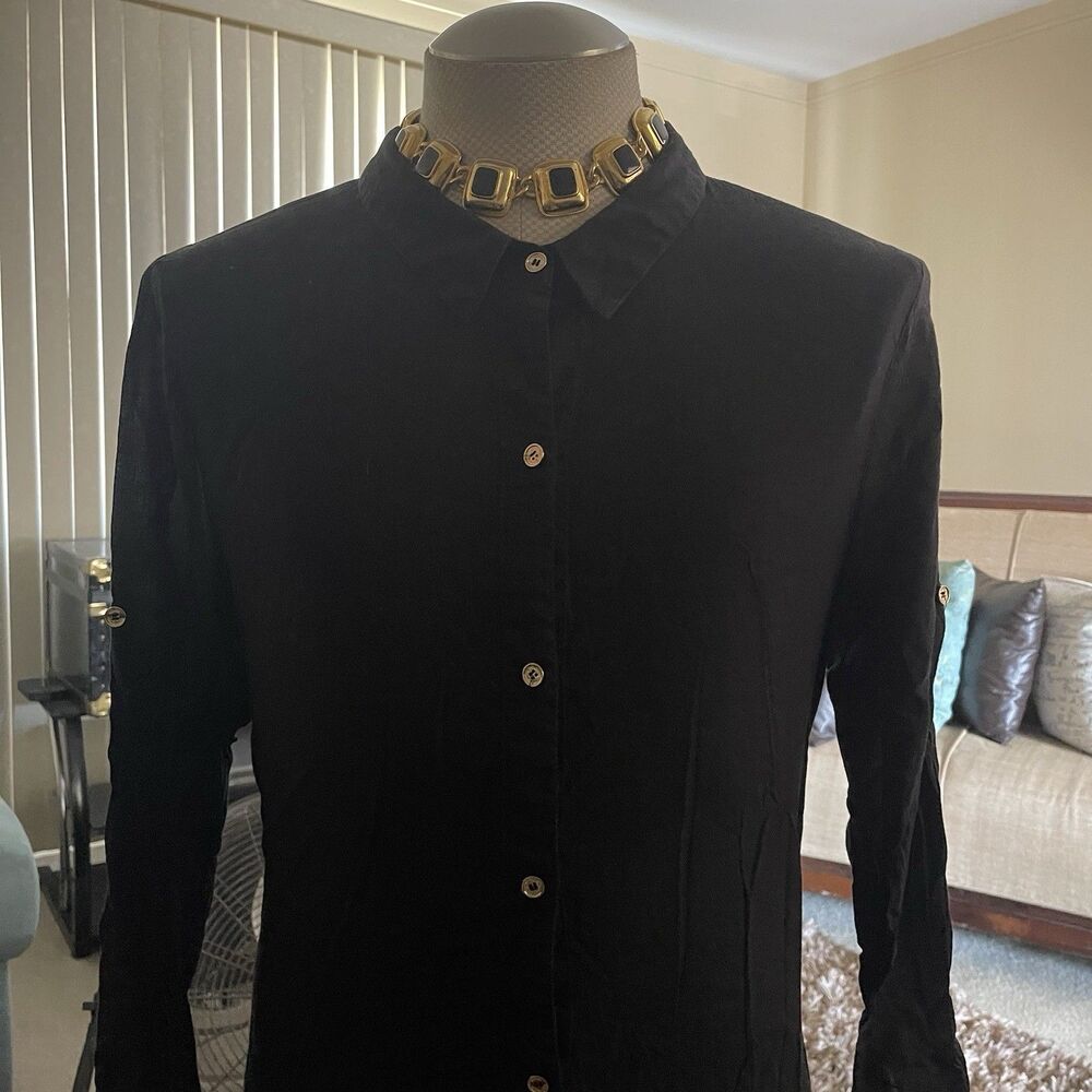 MICHAEL Michael Kors Black Collared Button Down Shirt Preppy Academia Size Large